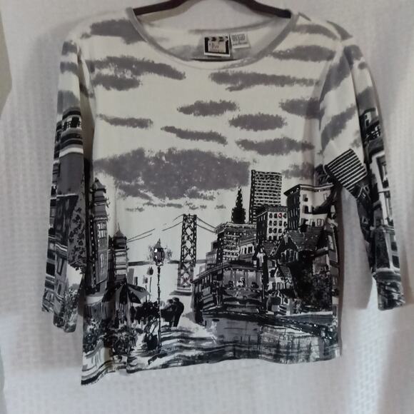 Take Two Clothing Vintage T-shirt City Scape Graphic Artsy Y2K LARGE 3/4 Sleeves - Picture 1 of 6
